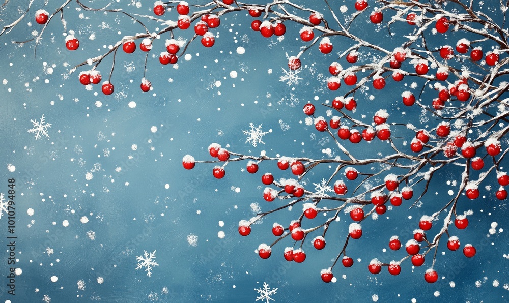 A blue background with white snowflakes and red berries A blue background with white snowflakes and red berries