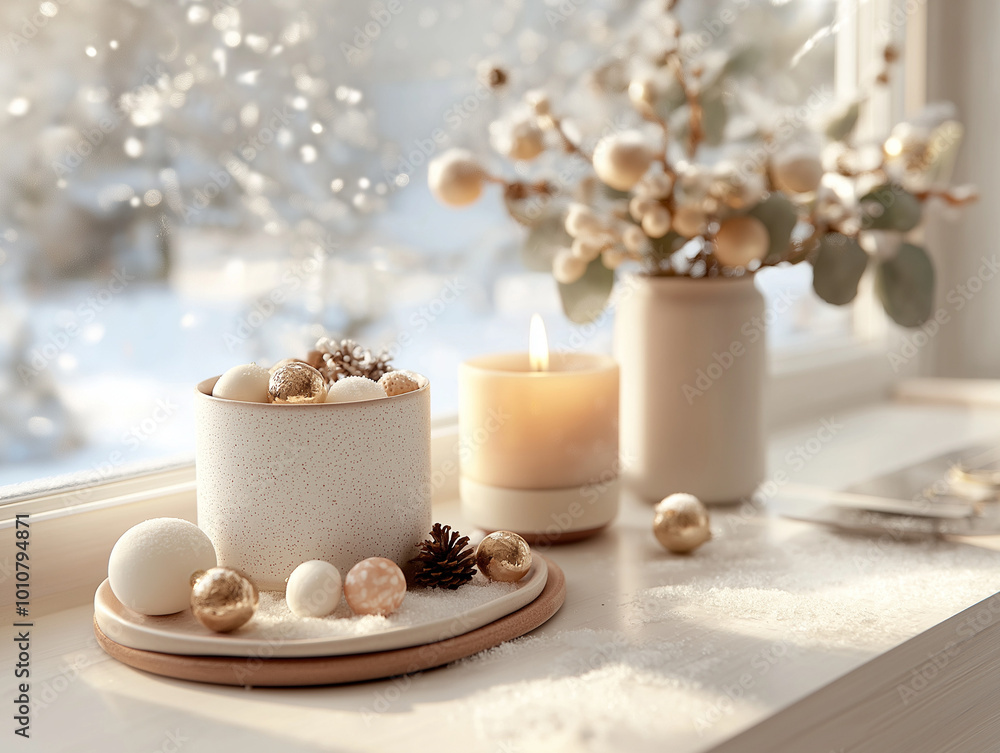 A cozy window decorated with pastel ornaments and soft greenery, with snow falling outside and a warm, glowing candle on the windowsill casting a soft light on the scene. A cozy window decorated with pastel ornaments and soft greenery, with snow falling outside and a warm, glowing candle on the windowsill casting a soft light on the scene.