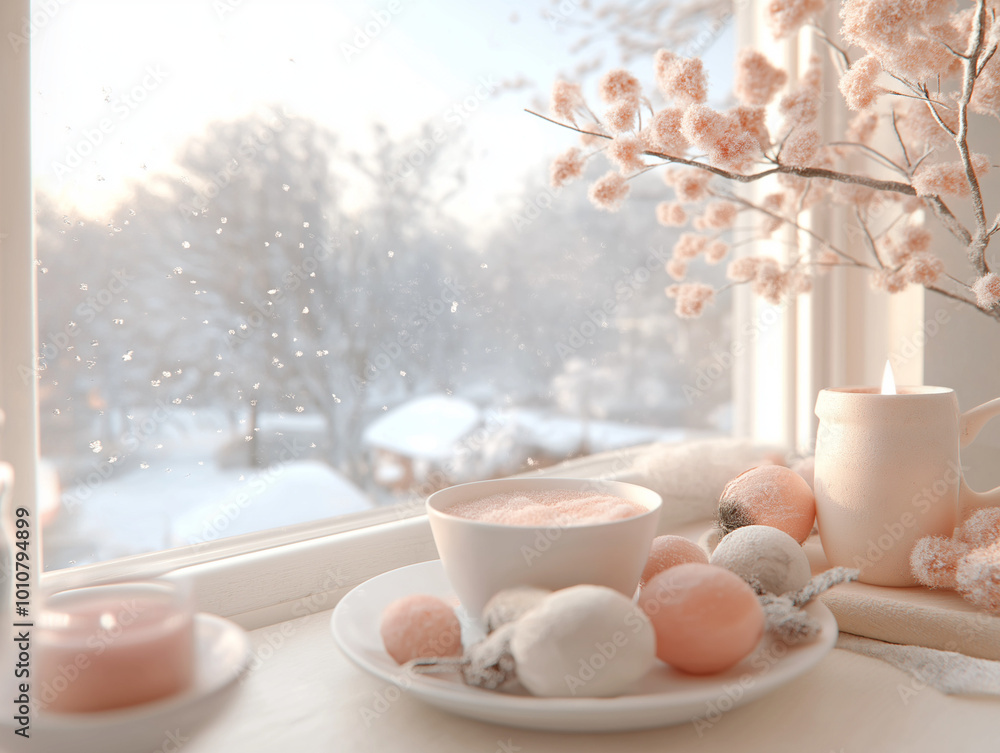 A cozy window decorated with pastel ornaments and soft greenery, with snow falling outside and a warm, glowing candle on the windowsill casting a soft light on the scene. A cozy window decorated with pastel ornaments and soft greenery, with snow falling outside and a warm, glowing candle on the windowsill casting a soft light on the scene.