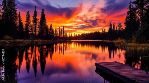 A stunning sunset paints the lake with vibrant colors, framed by pine trees and gentle ripples.