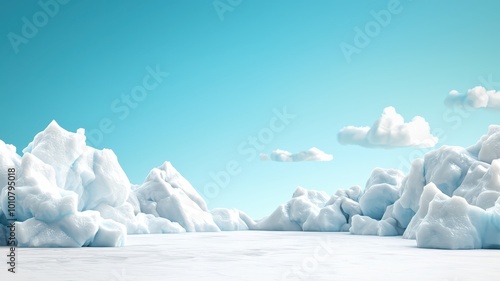 A serene landscape featuring fluffy white clouds above a sea of frosty ice, set against a vibrant blue sky.