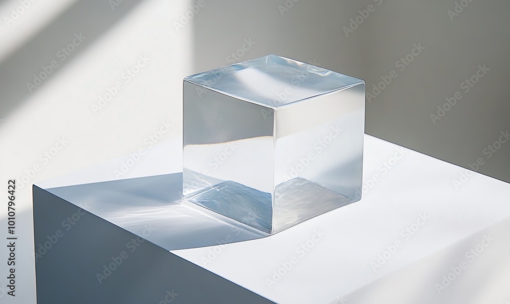 A clear cube sits on a white surface A clear cube sits on a white surface