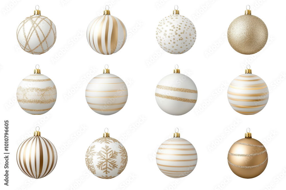 Set of white and gold Christmas baubles with stripes, snowflakes, and glitter patterns, isolated on white. Perfect for elegant holiday decor.
Set of white and gold Christmas baubles with stripes, snowflakes, and glitter patterns, isolated on white. Perfect for elegant holiday decor.