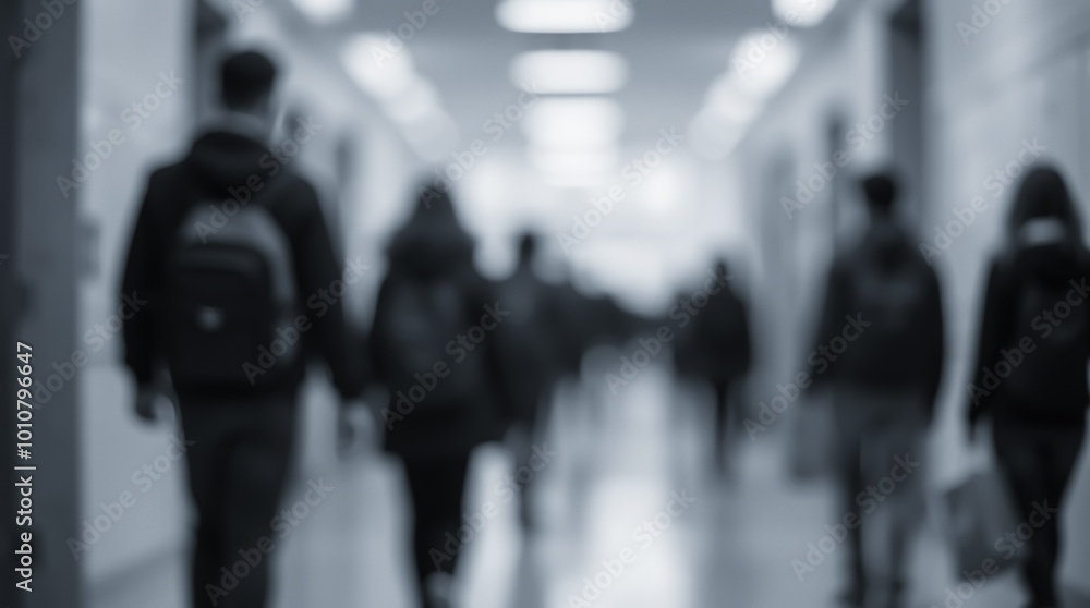 Abstract black and white image of a school corridor during a break between lessons with blurry figures of schoolchildren Abstract black and white image of a school corridor during a break between lessons with blurry figures of schoolchildren