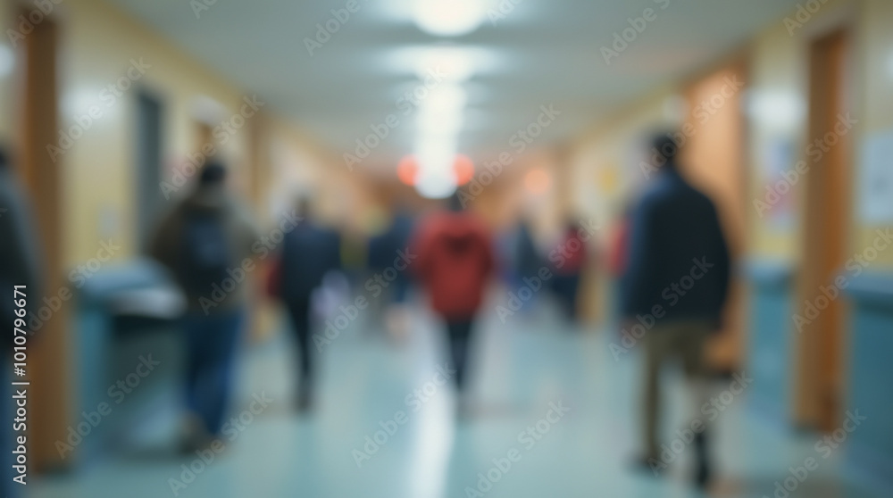 Abstract image of a school corridor during a break between lessons with blurred figures of schoolchildren Abstract image of a school corridor during a break between lessons with blurred figures of schoolchildren