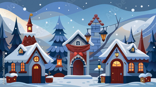 Snowy village with decorated homes and street lanterns