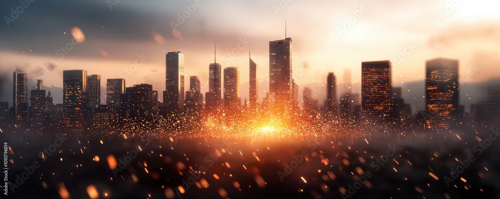 Φωτογραφία A dramatic sunset illuminates a modern city skyline, with fiery colors contrasting against a hazy urban landscape