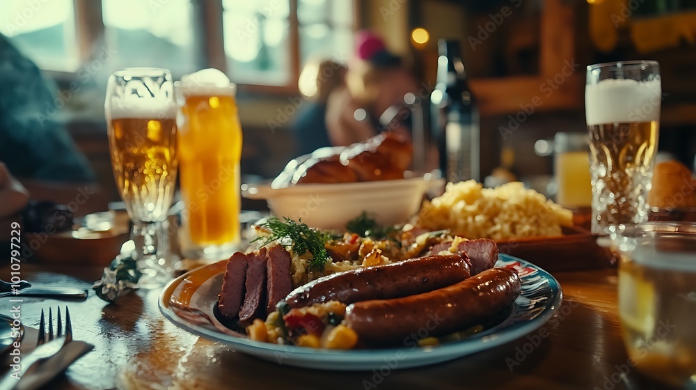 Photo of a table setting with German sausages and beer, Oktoberfest. Photo of a table setting with German sausages and beer, Oktoberfest.