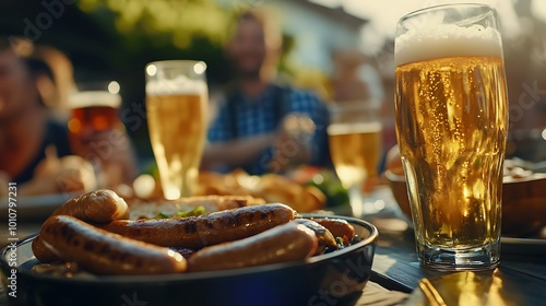 Photo of a table setting with German sausages and beer, Oktoberfest.