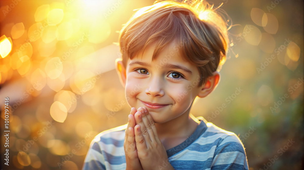 Happy boy in striped shirt with hands together in golden sunlight Happy boy in striped shirt with hands together in golden sunlight