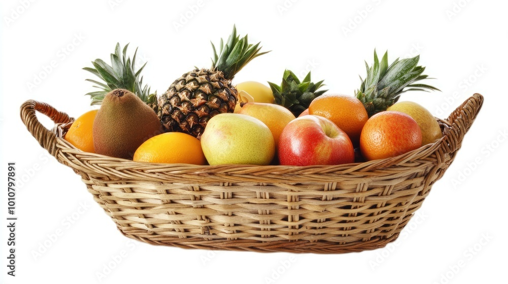 A wicker basket filled with fresh fruits including pineapples, apples, oranges, and pears. A wicker basket filled with fresh fruits including pineapples, apples, oranges, and pears.