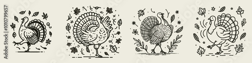 Four ornate illustrations of turkeys surrounded by floral elements, capturing a vintage aesthetic related to autumn and harvest themes. photo