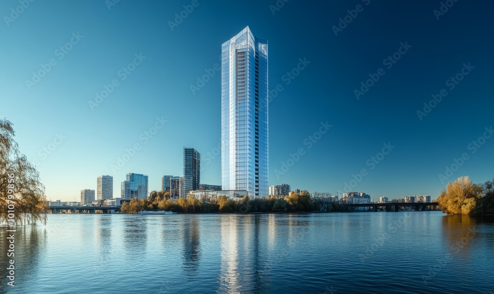 A high-rise building with a contemporary design stands by a riverside, its glass facade reflecting the calm waters and nearby structures, under a clear blue sky A high-rise building with a contemporary design stands by a riverside, its glass facade reflecting the calm waters and nearby structures, under a clear blue sky