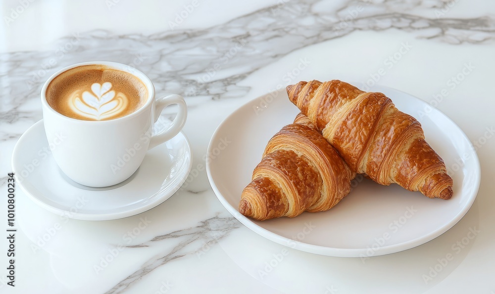 A modern breakfast scene displaying two croissants and a cup of coffee on a white plate, set on a marble table, conveying a sense of luxury and simplicity A modern breakfast scene displaying two croissants and a cup of coffee on a white plate, set on a marble table, conveying a sense of luxury and simplicity