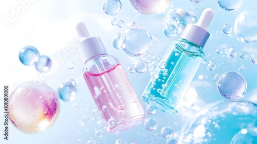 Two vibrant serum bottles surrounded by colorful bubbles, creating a refreshing and hydrating skincare aesthetic.