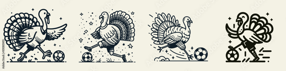 Obraz premium Four playful turkeys playing soccer, illustrated in a whimsical style, highlight a fusion of sport and festive fun.