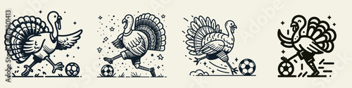 Four playful turkeys playing soccer, illustrated in a whimsical style, highlight a fusion of sport and festive fun. photo