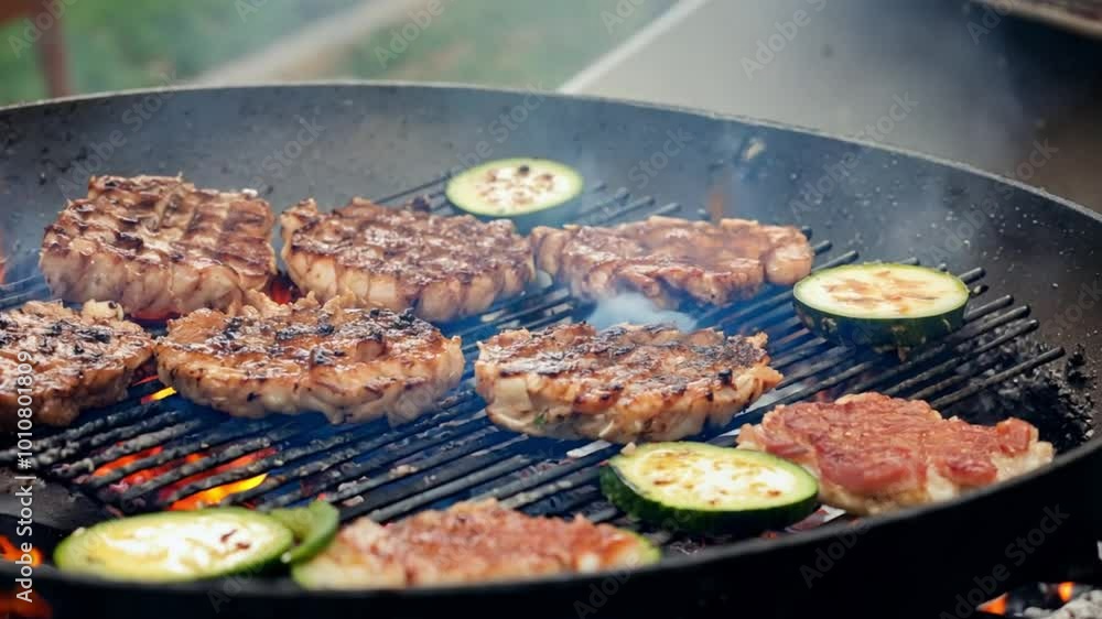 A selection of meat and vegetables grilling over an open flame. Ideal for BBQ promotions, outdoor cooking channels, or food events. A selection of meat and vegetables grilling over an open flame. Ideal for BBQ promotions, outdoor cooking channels, or food events.