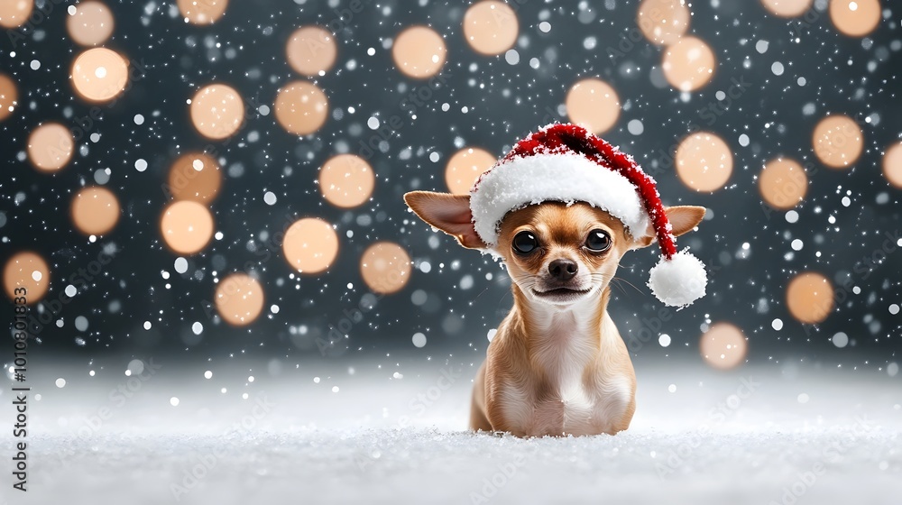Adorable Chihuahua Wearing Santa Hat in Snowy Festive Landscape Adorable Chihuahua Wearing Santa Hat in Snowy Festive Landscape