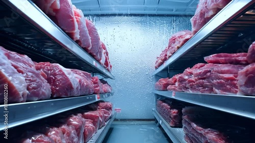 Fresh cuts of beef displayed in a cold storage fridge, perfect for promoting butcher shops, meat markets, or food suppliers.