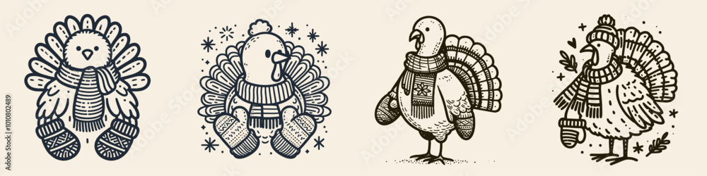 Fototapeta premium A collection of four whimsical turkey illustrations, showcasing different festive designs and playful styles for a cheerful, Thanksgiving theme.