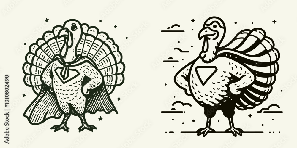 Two cartoon turkeys in superhero attire, striking confident poses, emphasizing strength and charisma, set against a simple background. Two cartoon turkeys in superhero attire, striking confident poses, emphasizing strength and charisma, set against a simple background.