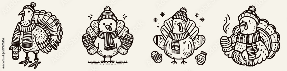 A whimsical illustration featuring four cartoon turkeys dressed in festive attire, each showcasing unique expressions and poses. A whimsical illustration featuring four cartoon turkeys dressed in festive attire, each showcasing unique expressions and poses.