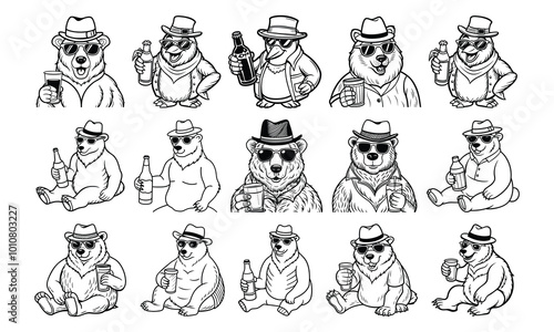 A Polar Bear's perfect day, cold beer, cool shades and a little black hat coloring pages design, Fun Line Drawing for Kids, Perfect for Toddler Fun and Early Learning Art Projects. 