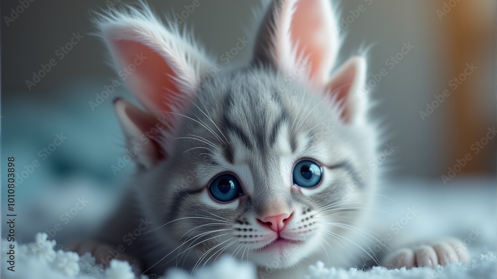 a kitten with blue eyes and a pink nose is looking at the camera, he is wearing extra ears a kitten with blue eyes and a pink nose is looking at the camera, he is wearing extra ears