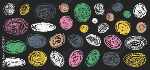 Chalk grunge circles set. Grunge round shapes. Chalkboard sketches. Grunge backgrounds. Colorful chalk hatches and scribbles.