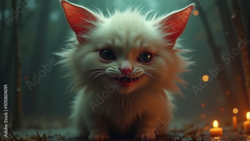 A sinister white kitten with big ears smiles maliciously, baring its teeth photo