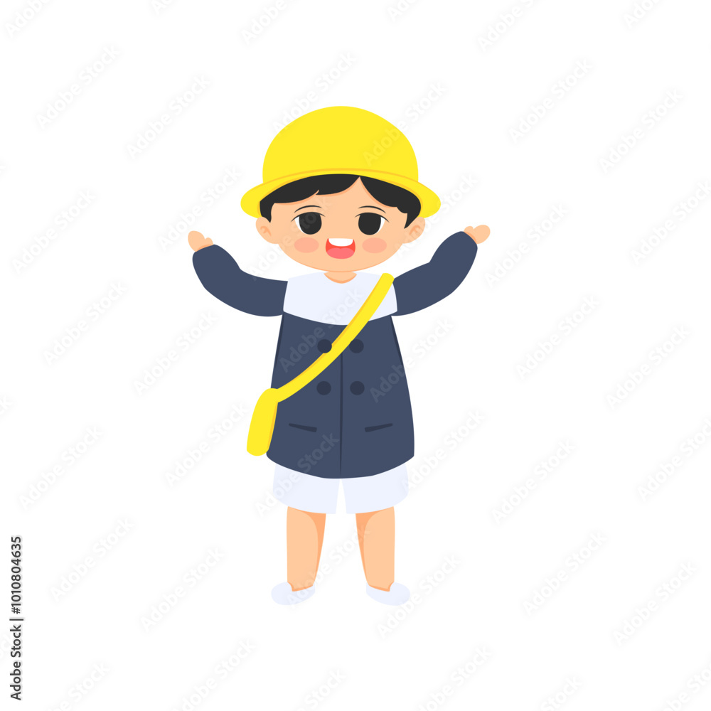 A cute boy wearing kindergarten uniform is hands up A cute boy wearing kindergarten uniform is hands up