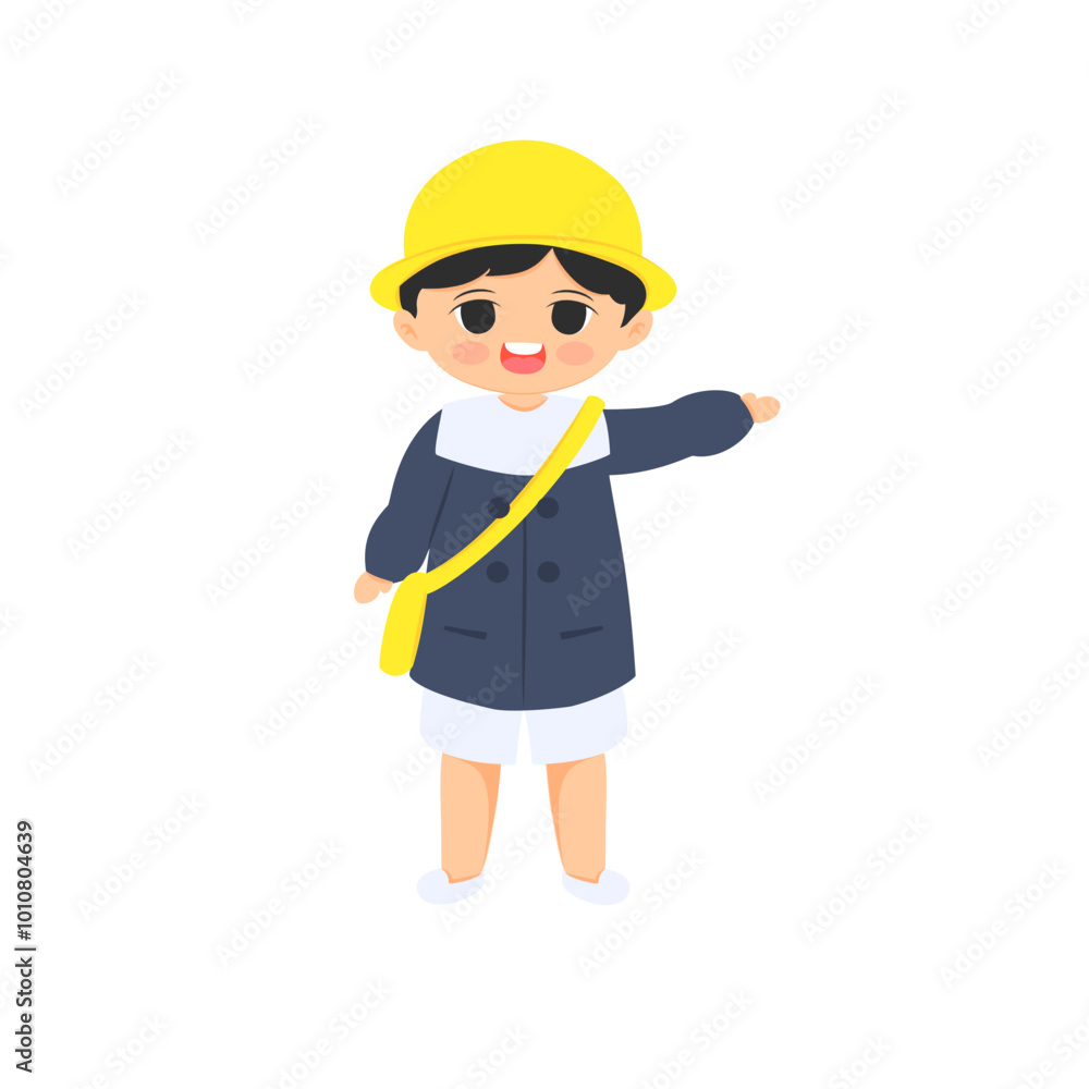 A cute boy wearing kindergarten uniform is pointing at something A cute boy wearing kindergarten uniform is pointing at something