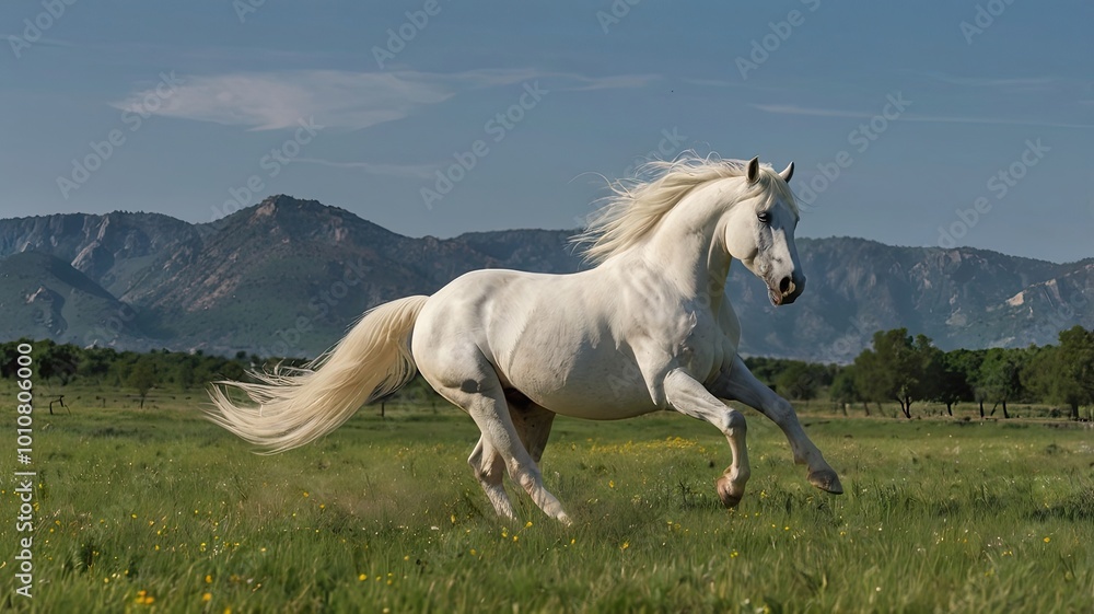 Majestic white stallion galloping in vast green pasture with flowing mane embodying freedom
Majestic white stallion galloping in vast green pasture with flowing mane embodying freedom