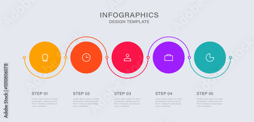 5 circles arranged in a row with a curved thin line. Infographic design template with 5 options, steps or processes