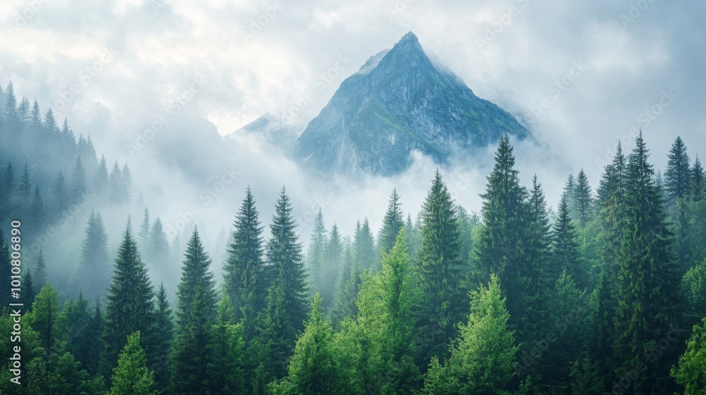 Obraz premium Misty Mountain Evergreen Forest