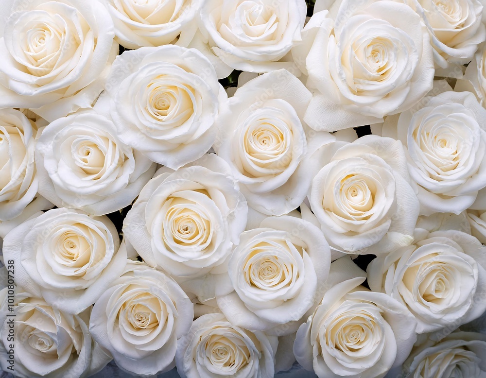 View from above showing the beauty of fresh white roses, generative ai View from above showing the beauty of fresh white roses, generative ai