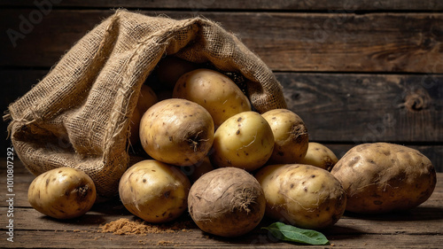 A burlap sack spilling over with fresh potatoes onto a rustic wooden surface in soft warm lighting. photo