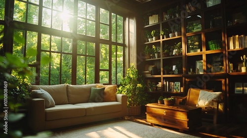 A cozy eco-conscious living room bathed in natural light. Surrounded by greenery, this inviting space combines comfort with sustainable design elements.