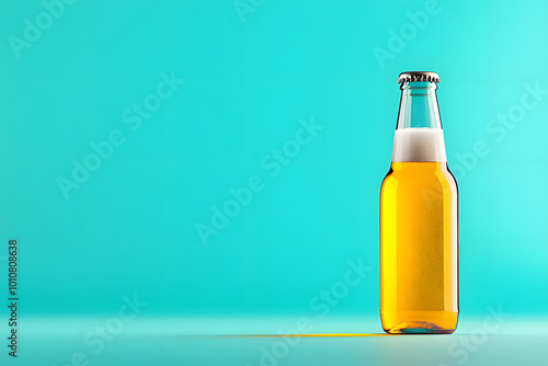 a transparent bottle of beer placed against a flat blue backdrop. 