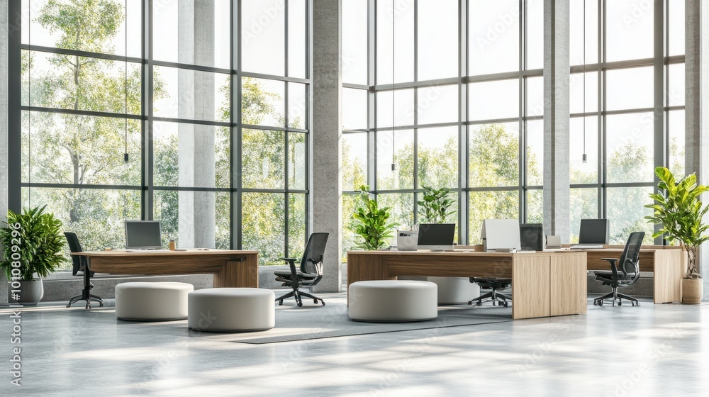 Modern open office with group seating areas, desks, and large windows letting in natural light Modern open office with group seating areas, desks, and large windows letting in natural light