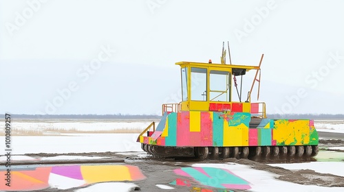 Colorful Tractor in a Snowy Landscape