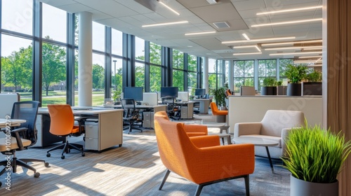 Modern open office with group seating areas, desks, and large windows letting in natural light