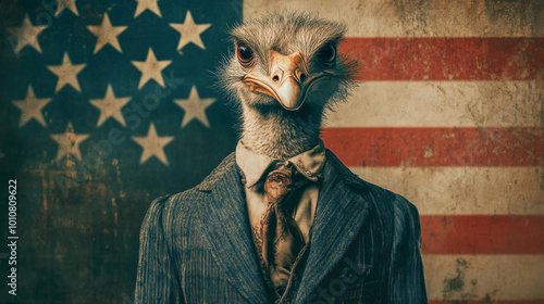 An anthropomorphic illustration of an ostrich man dressed in retro American style, combining playful character with vintage fashion elements.



 photo