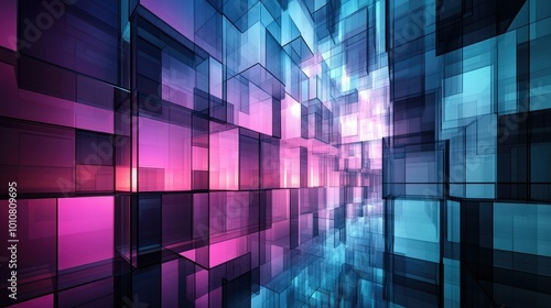 Abstract background of colorful glowing cubes with a perspective view.