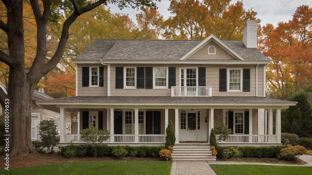 Elegant two-story house with large porch and autumn trees in the background during daytime. Elegant two-story house with large porch and autumn trees in the background during daytime.