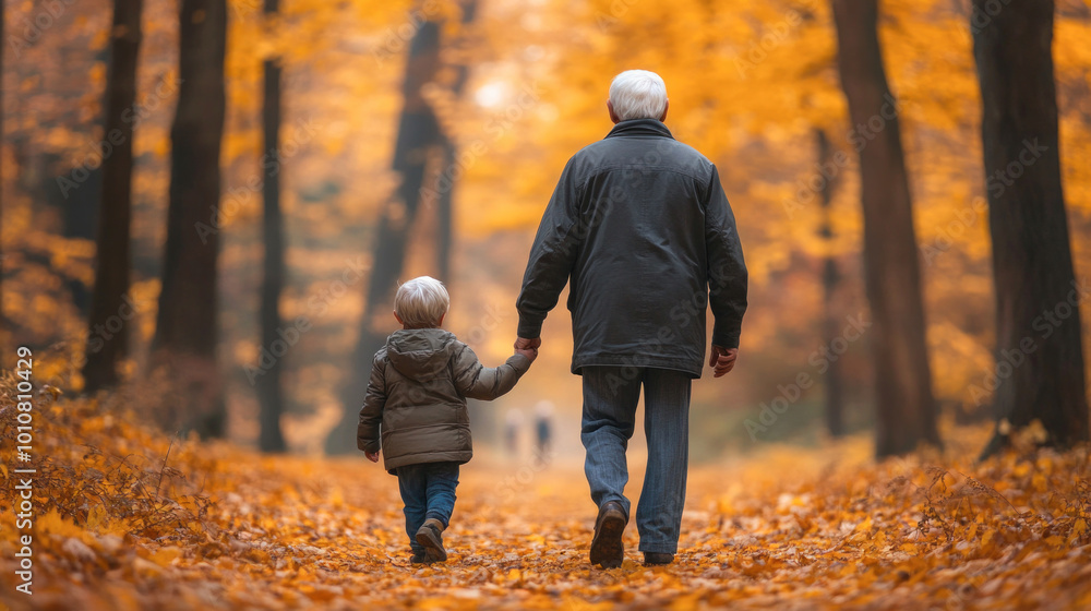Fototapeta premium Grandfather and grandson enjoying a walk together surrounded by colorful fall foliage