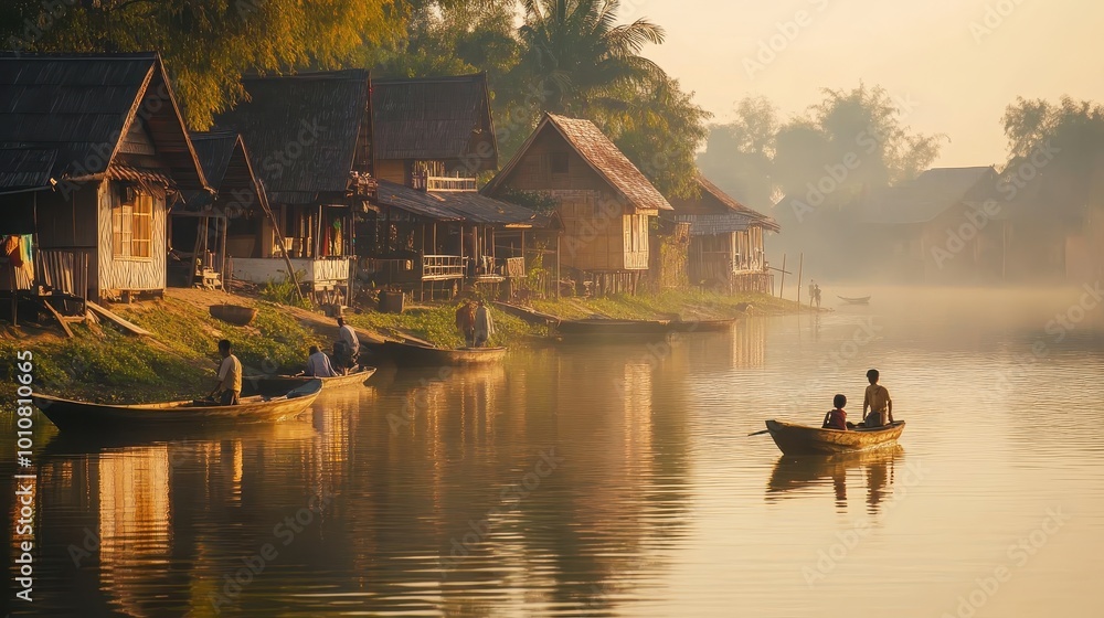 Fototapeta premium Tranquil riverside scene with traditional houses and people in boats during sunrise.