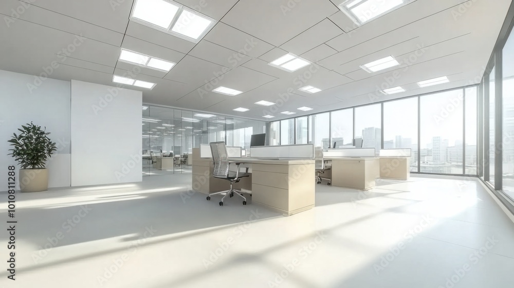 Spacious open office with bright lighting, clean desks, and modern seating, isolated on white Spacious open office with bright lighting, clean desks, and modern seating, isolated on white