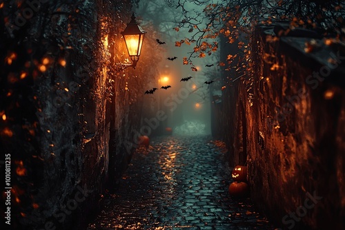 Halloween background with cobblestone street, lanterns and bats